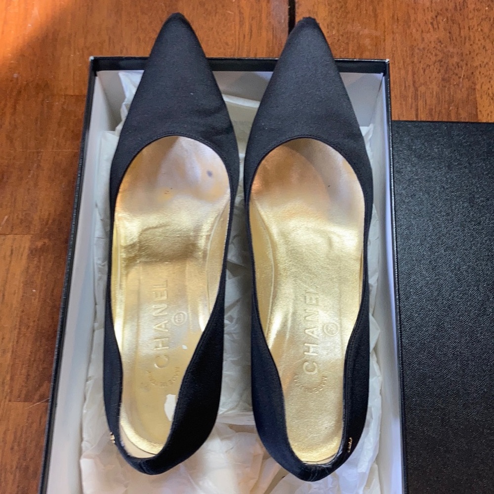 Channel Black Satin Heels.